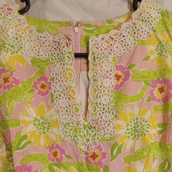 🎁🩷💚⚜️Lilly Pulitzer⚜️🩷💚Shift Dress Pink Green Gator Sleeveless Lace Size 8 - Picture 8 of 13